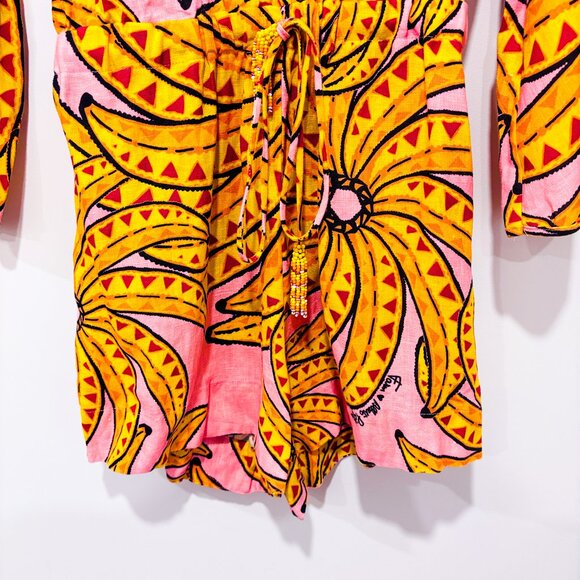 FARM RIO Pink Yellow Floral Banana Linen Romper | Tropical Vacation | Small * - Picture 7 of 11